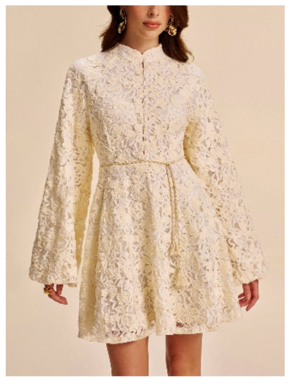 NWT Commense White Lace Long-Sleeve Mini Dress with Bell Sleeves